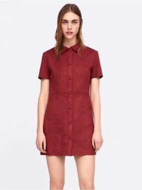 Short Button-Front Shirt Dress in Deep Burgundy faux